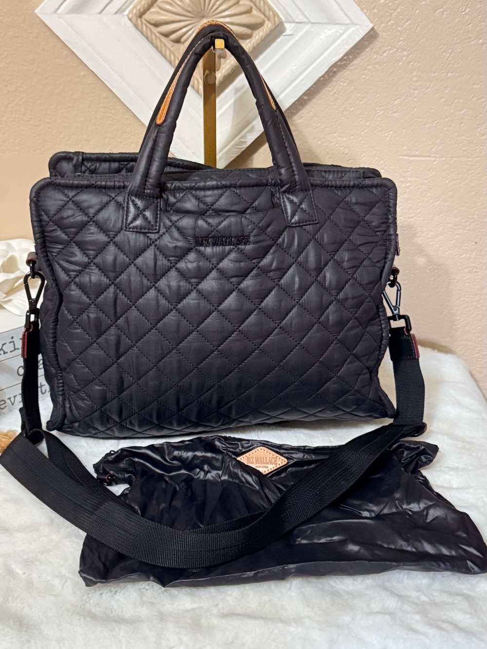 MZ Wallace Black Quilted Tote with Removable Strap